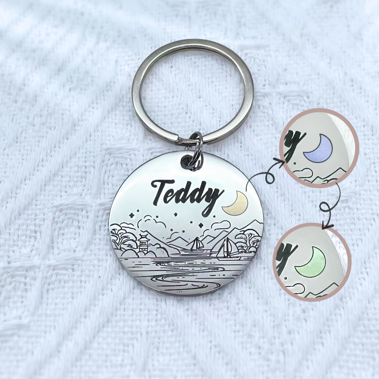 Engraved Personalised Pet Name Tags for Dogs and Cats - The Lake (Colour-Changing Moon Series)