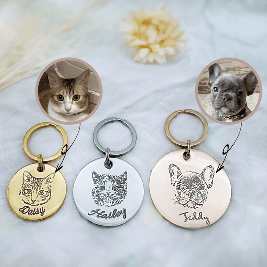 Custom Pet Portrait Pet ID Tags • Personalised Pet Photo Pet Name Tags for Dogs and Cats• Stainless Steel Double Sided Laser Engraved Dog Tag Cat Tag - Seer Studio